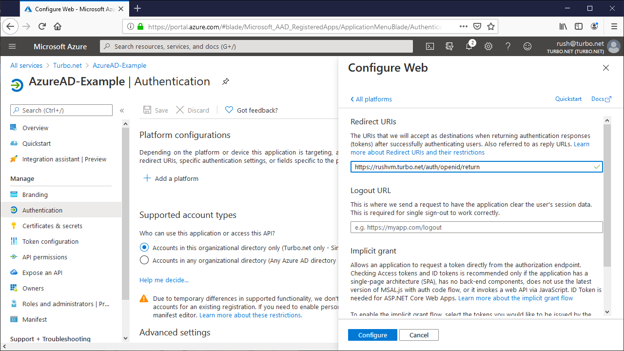 Azure AD Setup Redirect URL