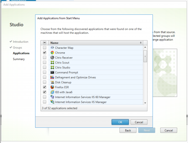 Citrix studio application selection