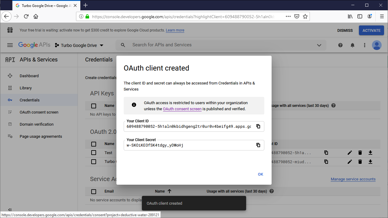 Google Drive app creds create 4