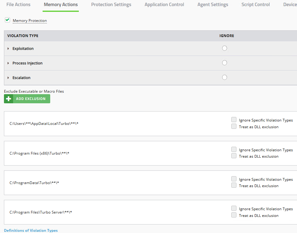 CylancePROTECT Memory Actions Exclusions