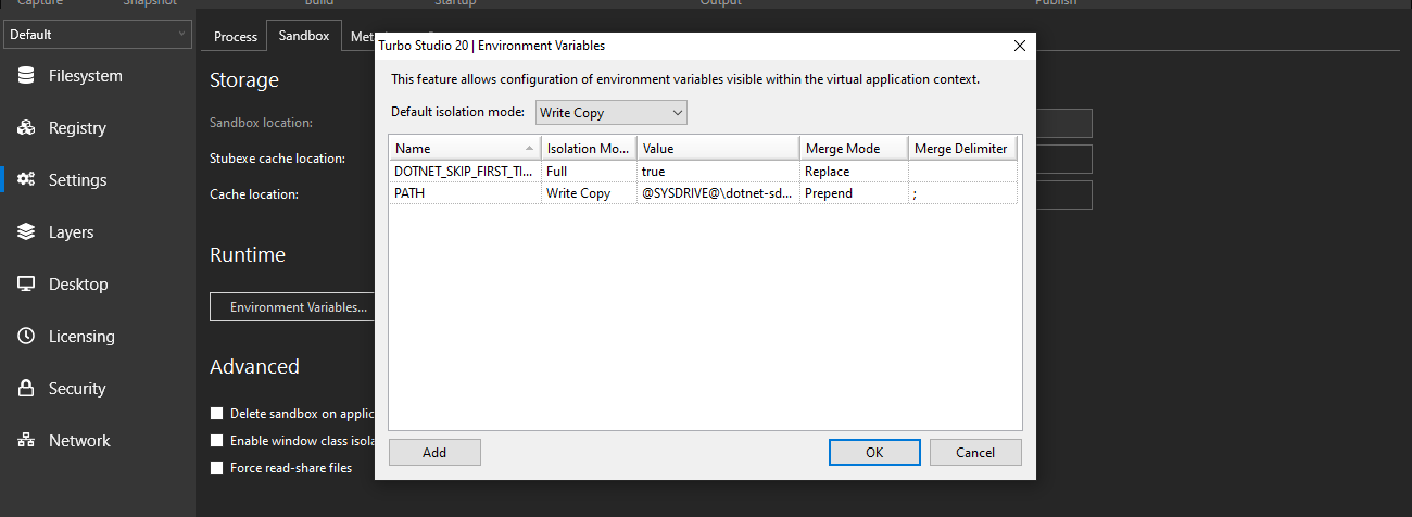 Turbo Studio .NET Core Environment Variables