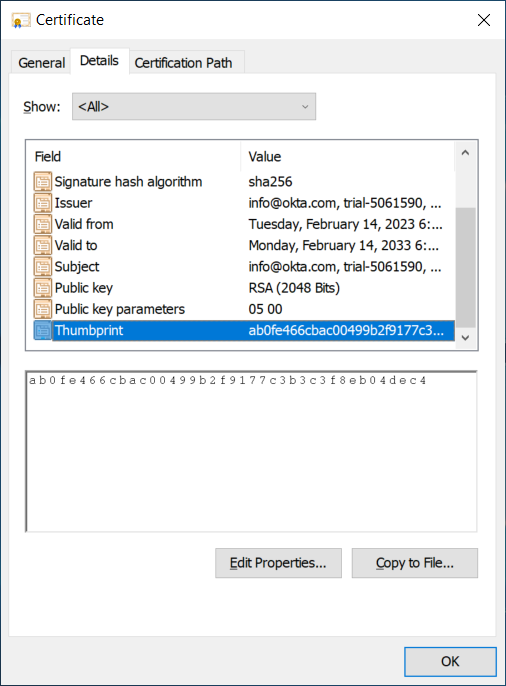 Okta 12 Certificate Thumbprint