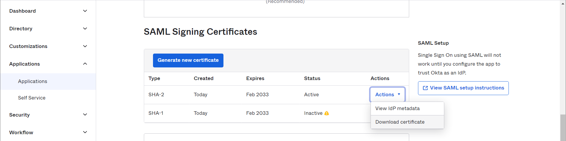 Okta 8 SAML Signing Certificates and Setup Instructions