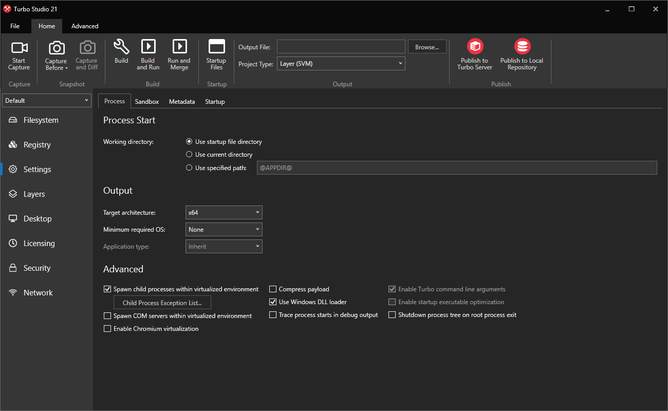 Turbo Studio Process Settings