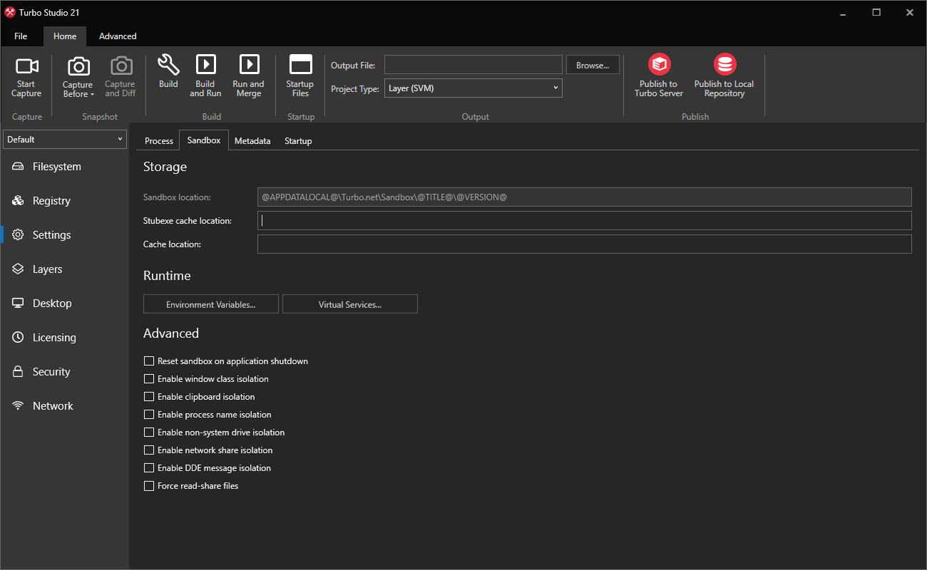 Turbo Studio Sandbox Settings