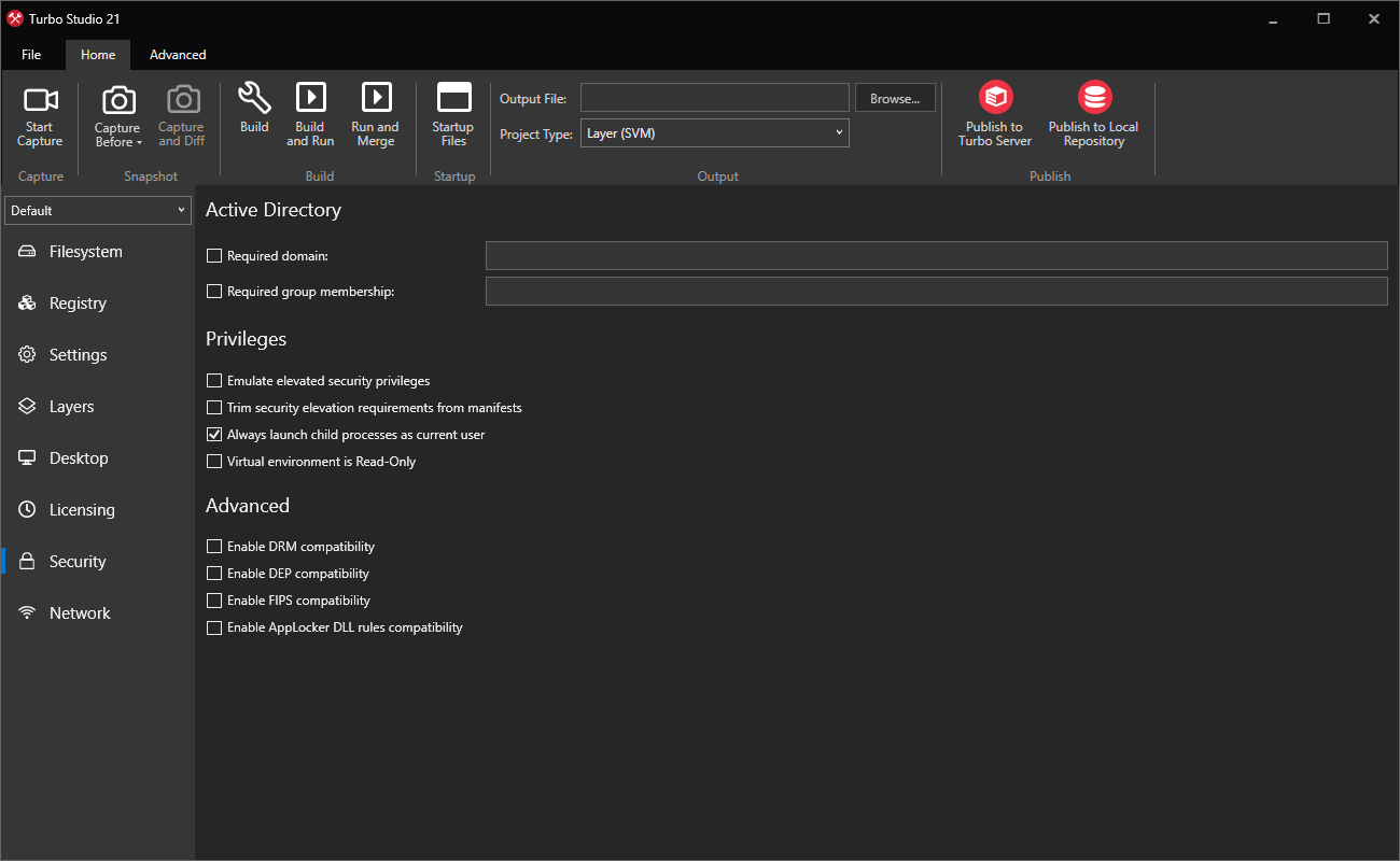 Turbo Studio Security Settings