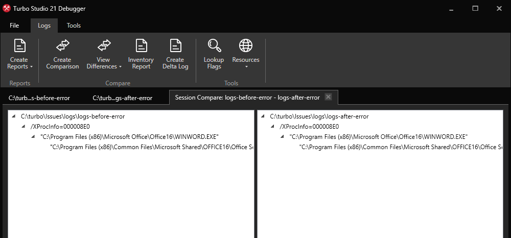 Session Log Compare View