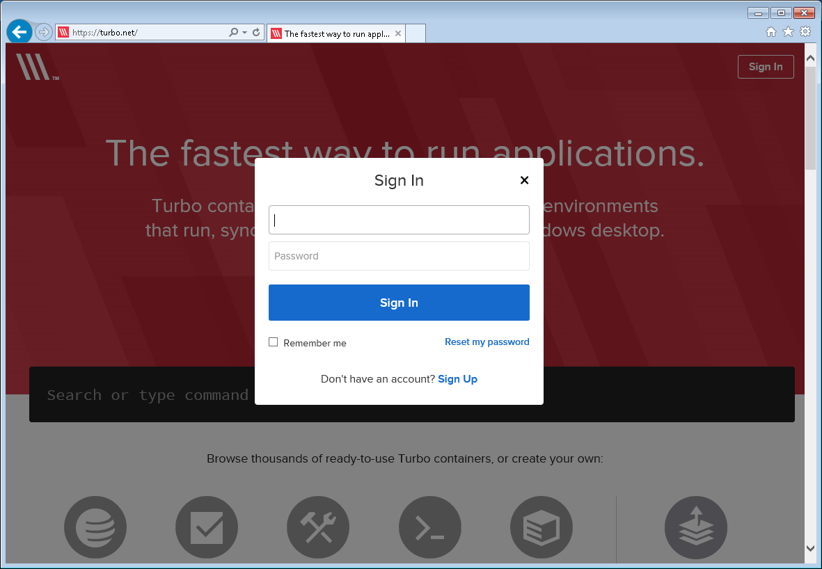 Turbo.net sign in dialog