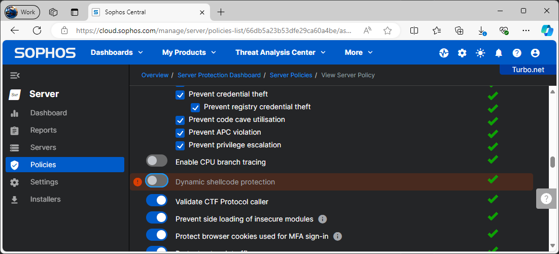 Sophos - Disable Dynamic Shellcode Protection